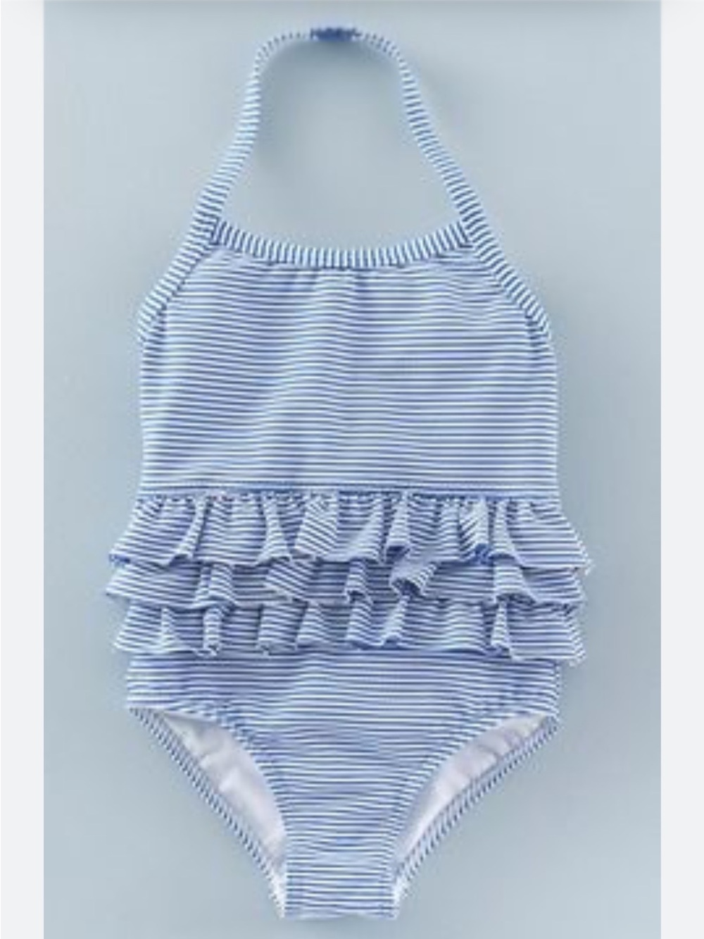 Mini Boden Little Girls Blue Striped Seersucker Ruffled One Piece Swimsuit 5 6 y